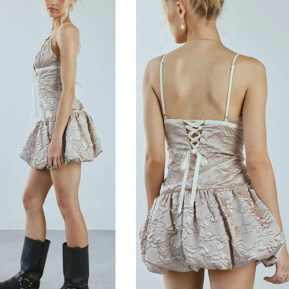 NEW FOR LOVE AND LEMONS FLOWER SATIN SLEEVELESS BUBBLE HEM MINI DRESS SIZE M - Picture 2 of 10